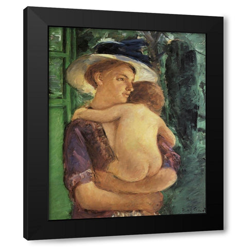 Mother In Hat Holding Her Nude Baby Seen In Back View 1909 Black Modern Wood Framed Art Print with Double Matting by Cassatt, Mary
