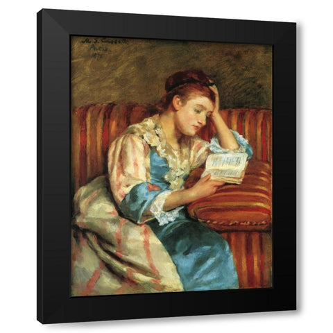Mrs Duffee Seated On A Striped Sofa 1876 Black Modern Wood Framed Art Print with Double Matting by Cassatt, Mary