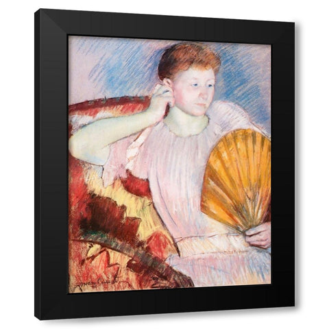 Portrait Of A Woman With A Fan Black Modern Wood Framed Art Print with Double Matting by Cassatt, Mary