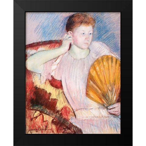 Portrait Of A Woman With A Fan Black Modern Wood Framed Art Print by Cassatt, Mary