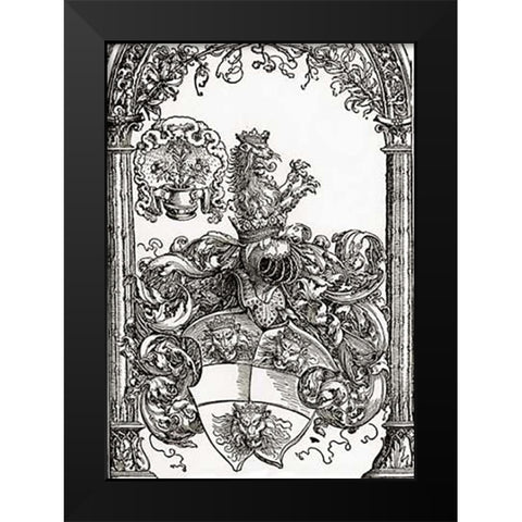 Coat Of Arms With Three Lions Heads Black Modern Wood Framed Art Print by Durer, Albrecht