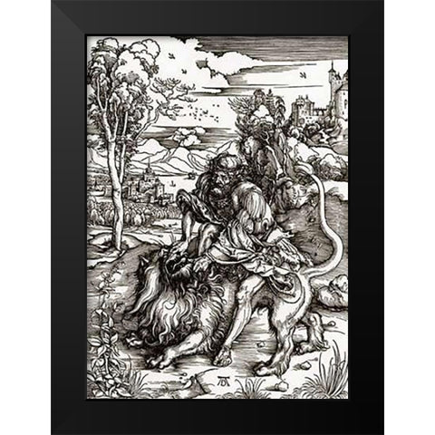 Samson Killing The Lion Black Modern Wood Framed Art Print by Durer, Albrecht