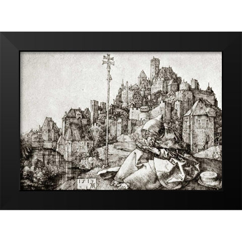 St Anthony At The City Black Modern Wood Framed Art Print by Durer, Albrecht
