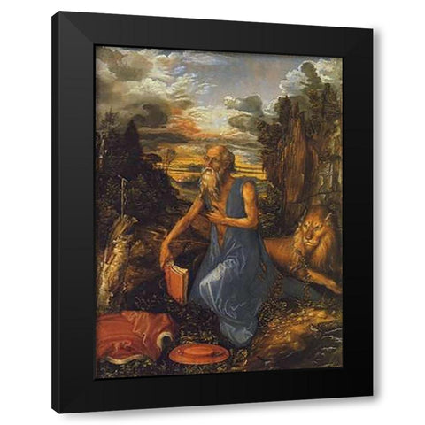 St Jerome In A Landscape Black Modern Wood Framed Art Print by Durer, Albrecht