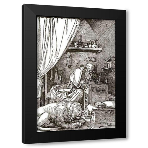 St Jerome In His Cell Black Modern Wood Framed Art Print by Durer, Albrecht