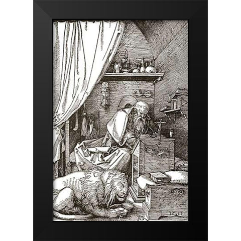 St Jerome In His Cell Black Modern Wood Framed Art Print by Durer, Albrecht