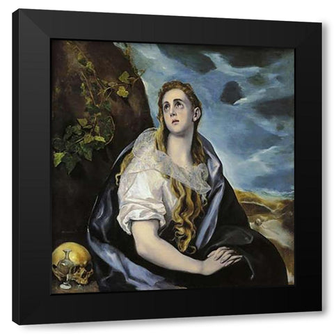 Mary Magdalen In Penitence Black Modern Wood Framed Art Print with Double Matting by Greco, El