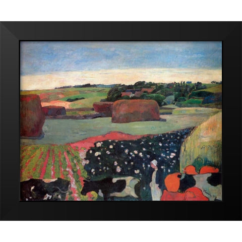 Haystacks In Brittany Black Modern Wood Framed Art Print by Gauguin, Paul