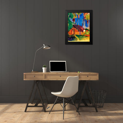 Thatched Hut Under Palm Trees Black Modern Wood Framed Art Print by Gauguin, Paul