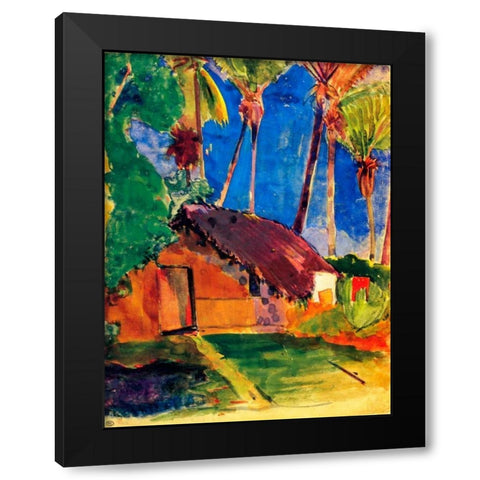 Thatched Hut Under Palm Trees Black Modern Wood Framed Art Print by Gauguin, Paul