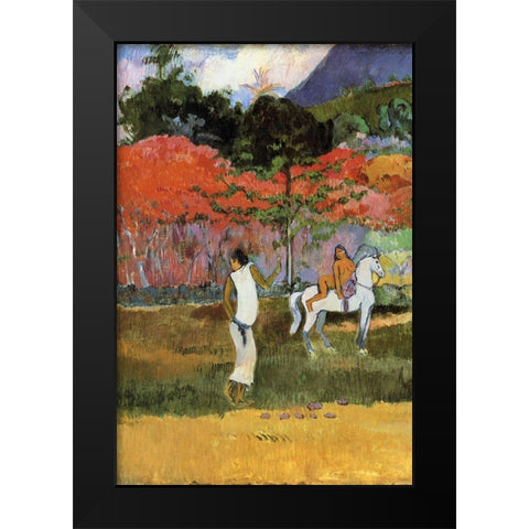 Women And White Horse Detail Black Modern Wood Framed Art Print by Gauguin, Paul