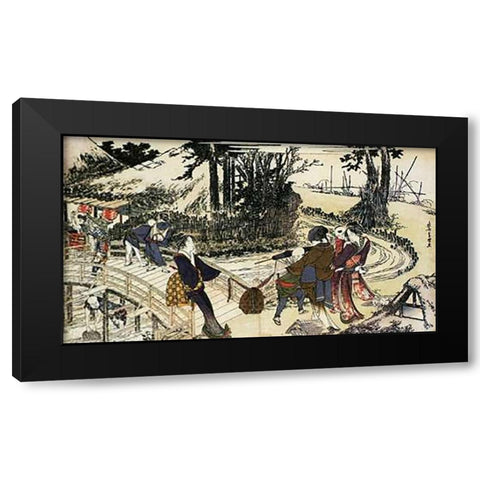 A Village By A Bridge 1798 Black Modern Wood Framed Art Print with Double Matting by Hokusai