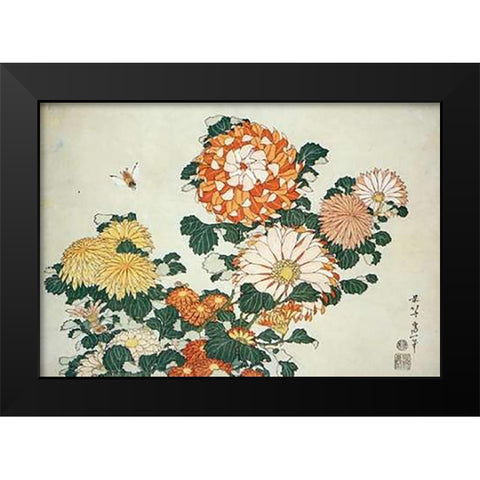 Museumysanthemum And Bee Black Modern Wood Framed Art Print by Hokusai