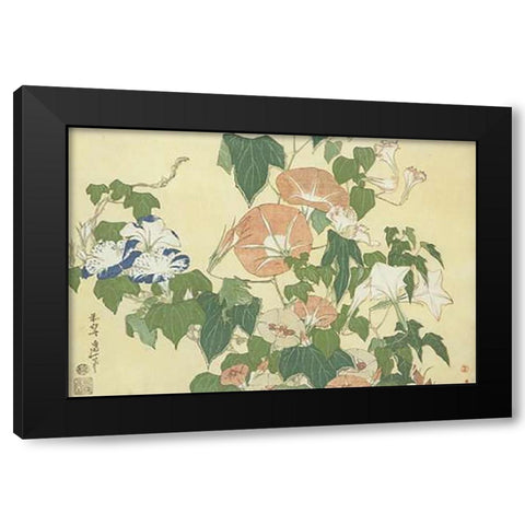 Convolvulus And Tree Frog Black Modern Wood Framed Art Print with Double Matting by Hokusai