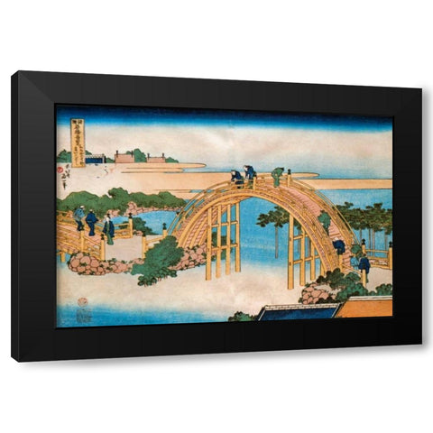 Drum Bridge At Kameido Black Modern Wood Framed Art Print by Hokusai