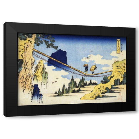 Farmers Crossing A Suspension Bridge Black Modern Wood Framed Art Print with Double Matting by Hokusai