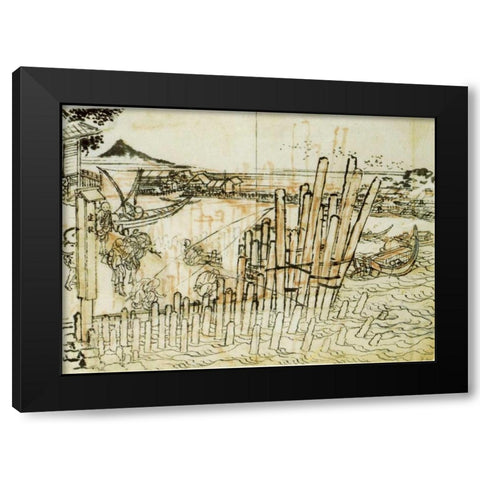 Fishing At Shimadagahana 1833 Black Modern Wood Framed Art Print by Hokusai