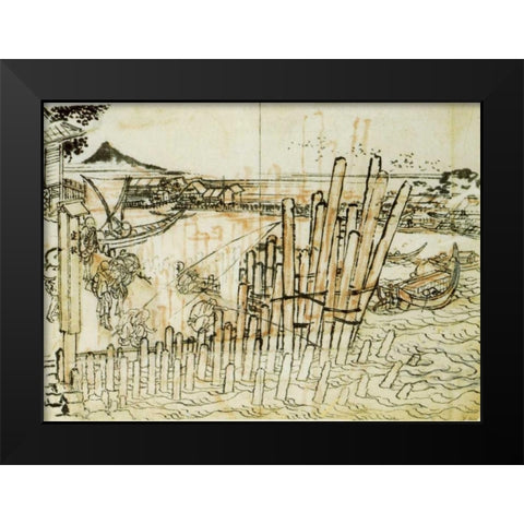 Fishing At Shimadagahana 1833 Black Modern Wood Framed Art Print by Hokusai