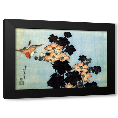 Hibiscus And Sparrow Black Modern Wood Framed Art Print by Hokusai