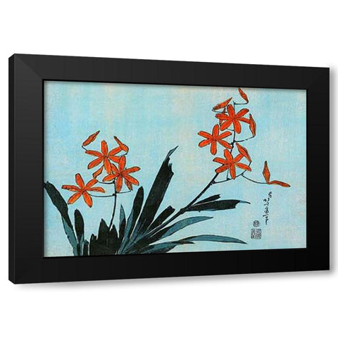 Orange Orchids Black Modern Wood Framed Art Print by Hokusai
