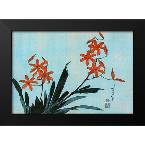 Orange Orchids Black Modern Wood Framed Art Print by Hokusai