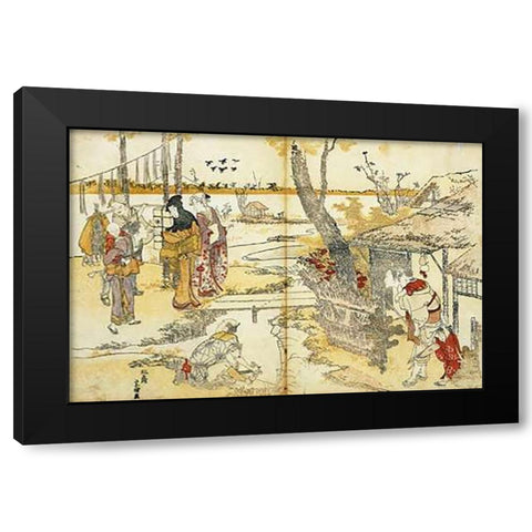 Peasants By A Stream 1797 Black Modern Wood Framed Art Print with Double Matting by Hokusai
