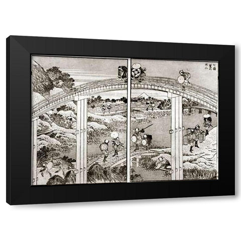 Seven Bridges In One View With Mt Fuji Black Modern Wood Framed Art Print with Double Matting by Hokusai
