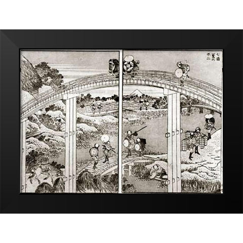 Seven Bridges In One View With Mt Fuji Black Modern Wood Framed Art Print by Hokusai