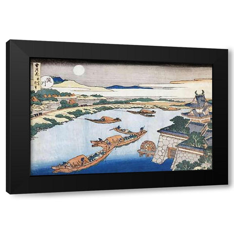 The Moon Above Yodo River And Osaka Castle Black Modern Wood Framed Art Print by Hokusai