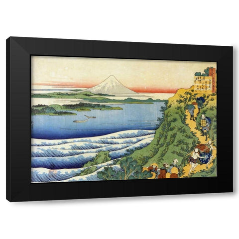Travelers Climbing A Mountain Path Black Modern Wood Framed Art Print by Hokusai