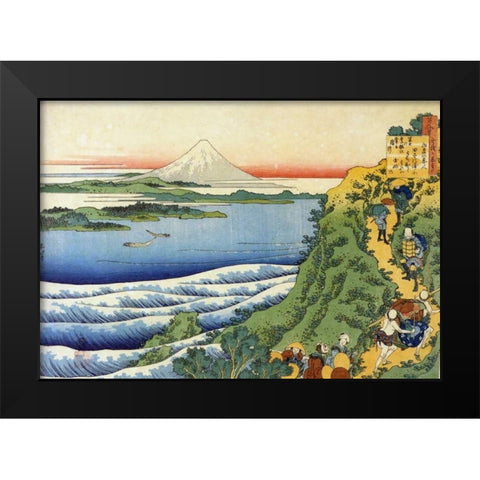 Travelers Climbing A Mountain Path Black Modern Wood Framed Art Print by Hokusai