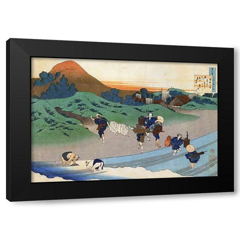 Washing In A River Black Modern Wood Framed Art Print by Hokusai
