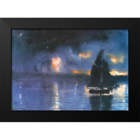 Sailboat And Fourth Of July Fireworks Black Modern Wood Framed Art Print by Homer, Winslow