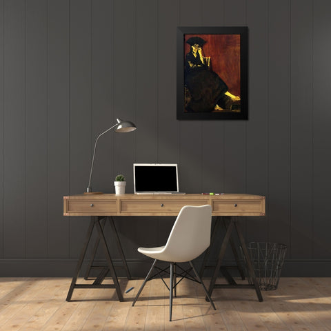Berthe Morisot with Fan Black Modern Wood Framed Art Print by Manet, Edouard