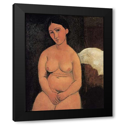 A Seated Nude Black Modern Wood Framed Art Print with Double Matting by Modigliani, Amedeo