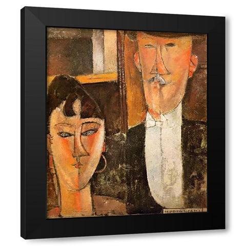 Bride And Groom Les Maries Black Modern Wood Framed Art Print by Modigliani, Amedeo