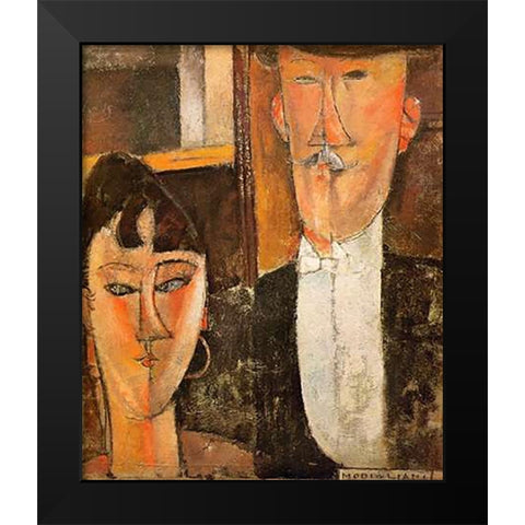 Bride And Groom Les Maries Black Modern Wood Framed Art Print by Modigliani, Amedeo