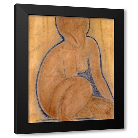 Crouched Nude Black Modern Wood Framed Art Print with Double Matting by Modigliani, Amedeo