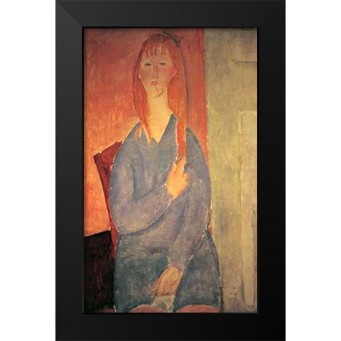 Girl In Blue Dress Black Modern Wood Framed Art Print by Modigliani, Amedeo