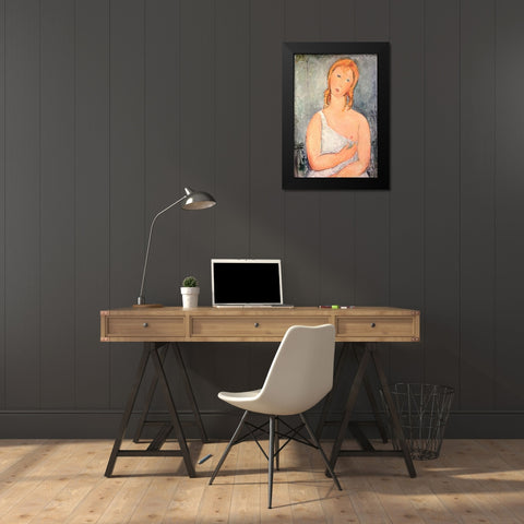 Girl In White Chemise Black Modern Wood Framed Art Print by Modigliani, Amedeo