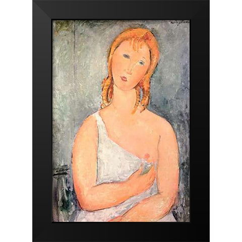 Girl In White Chemise Black Modern Wood Framed Art Print by Modigliani, Amedeo