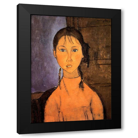 Girl With Braids Black Modern Wood Framed Art Print with Double Matting by Modigliani, Amedeo