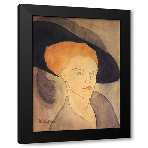 Head Of A Woman Wearing Hat Black Modern Wood Framed Art Print with Double Matting by Modigliani, Amedeo