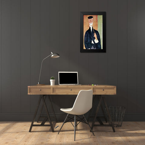 Man With Pipe Black Modern Wood Framed Art Print by Modigliani, Amedeo