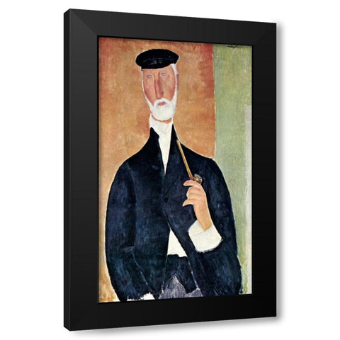 Man With Pipe Black Modern Wood Framed Art Print by Modigliani, Amedeo