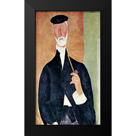 Man With Pipe Black Modern Wood Framed Art Print by Modigliani, Amedeo