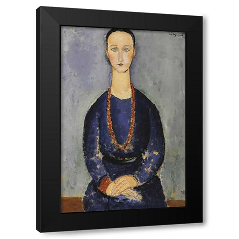 Woman With Red Necklace Black Modern Wood Framed Art Print with Double Matting by Modigliani, Amedeo