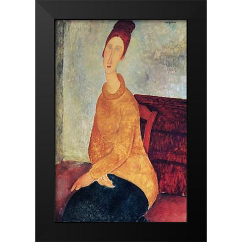 Yellow Sweater Mme Hebuterne Black Modern Wood Framed Art Print by Modigliani, Amedeo