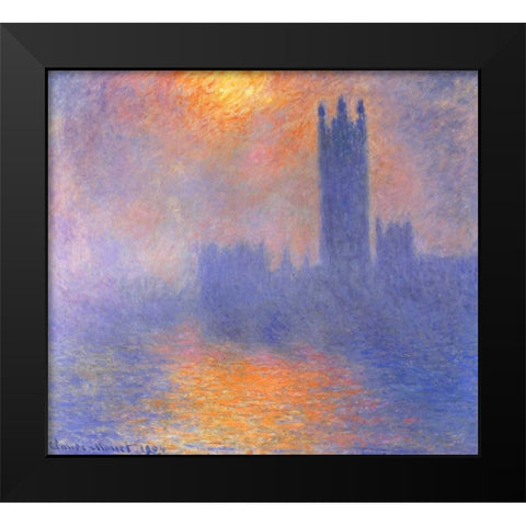 Houses Of Parliment Through The Fog Black Modern Wood Framed Art Print by Monet, Claude