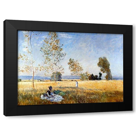 Meadow At Bezons Black Modern Wood Framed Art Print with Double Matting by Monet, Claude